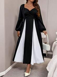 SHEIN Clasi Đầm dài thanh lịch cổ tim tay loe màu cỡ lớn cho nữ - Đen và trắng - Xem 5