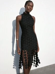 Maija 女式黑色特殊面料流苏装饰无袖圆下摆连衣裙，时尚都市设计，百搭春夏 - 黑色 - 查看 3