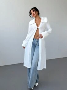 Aloruh Ladies' Long Cardigan With Plush Fabric Patchwork Design, Autumn/Winter New Arrival - White - View 6