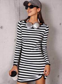 Flirla Vestido mini casual de mujer de manga larga y cuello redondo a rayas, para otoño