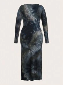 SHEIN EZwear Plus Size Winter Tie-Dye Print Round Neck Long Sleeve Maxi Slit Dress - Black - View 2