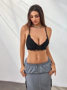 Butterfly Shaped Detail Bow Front Lace Bralet - Black - View 5