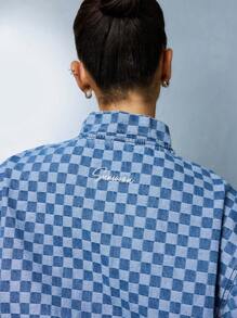 SUMWON WOMEN Classic Checker Print Trucker Denim Jacket Fall Winter Streetwear Statement Fashion Casual Weekend Layering Piece Retro Y2K Aesthetic - Baby Blue - View 5