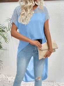 SHEIN LUNE 圆领网眼撞色纯色高低休闲短袖衬衫 - 淺藍色 - 查看 3