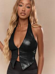 MISSGUIDED Regata Estilo Corpete com Decote Halter em Couro Sintético, Sem Mangas, para Uso em Eventos, Festas, Clubes à Noite, com Amarração Ajustável nas Costas - Preto - Visão 3