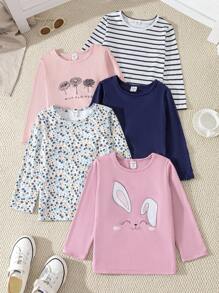 SHEIN Genkimix Kids 5pcs/Set Young Girl Cute Cartoon Rabbit Striped & Floral Multi-Piece Long Sleeve T-Shirts, School, Campus, College