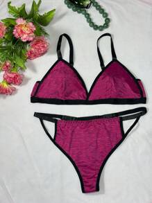 Set de sujetador y pantie de tallas grandes con tirantes de espagueti y borde de contraste sin aros - Rojo violeta - Ver 7
