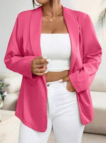 Celure 大码纯色披肩领长袖口袋休闲西装上衣 - 玫紅色 - 查看 3