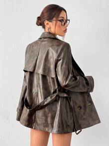 SHEIN EZwear Women's Brown Fashion Street Style New Double Breasted Faux Leather Jacket With Belt - Brown - View 2
