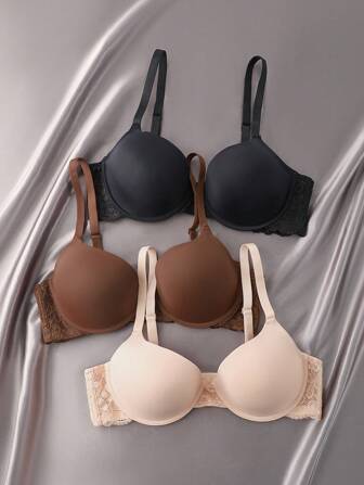 Snug Zone 3 st/set Plus Size Dam Enfärgad Kontrast Spets Mode Trådfria BH:ar