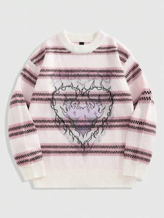 Street Life Jersey de cuello redondo de manga larga con estampado de rayas para hombre