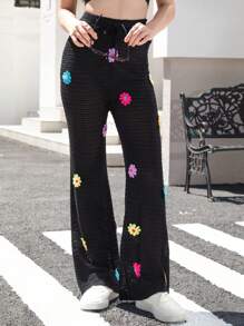 INAWLY Women's Front Tie Floral Embroidered Casual Pants - Black - View 1