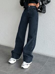 SHEIN Cottnline High Waist Straight Leg Jeans - Navy Blue - View 6