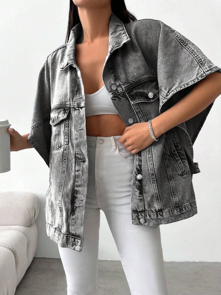 EURMUSE Loose & Casual Half Sleeve Denim Jacket - Black - View 1