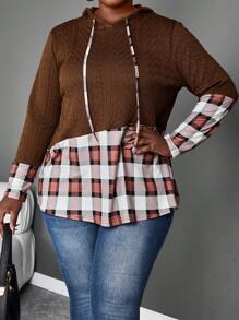 SHEIN LUNE Plus Size Plaid Patchwork Drawstring Hoodie T-Shirt, Casual Autumn - Brown - View 6