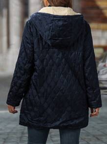 SHEIN LUNE Plus Size Solid Color Thermal Lined Hooded Winter Clothes Jacket - Navy Blue - View 2