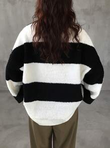 FRIFUL 女士秋冬撞色圆领落肩长袖休闲针织毛衣