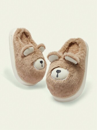Cuccoo 棕色可爱熊动物毛绒厚底保暖室内拖鞋，女士秋冬款