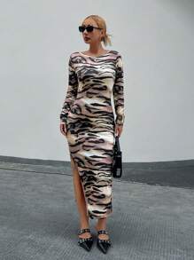 Chiquease Women's Casual Zebra Pattern Side Slit Dress