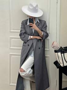 DAZY Women's Solid Color Notched Collar Double Breasted Long Trench Coat,Fall Clothes