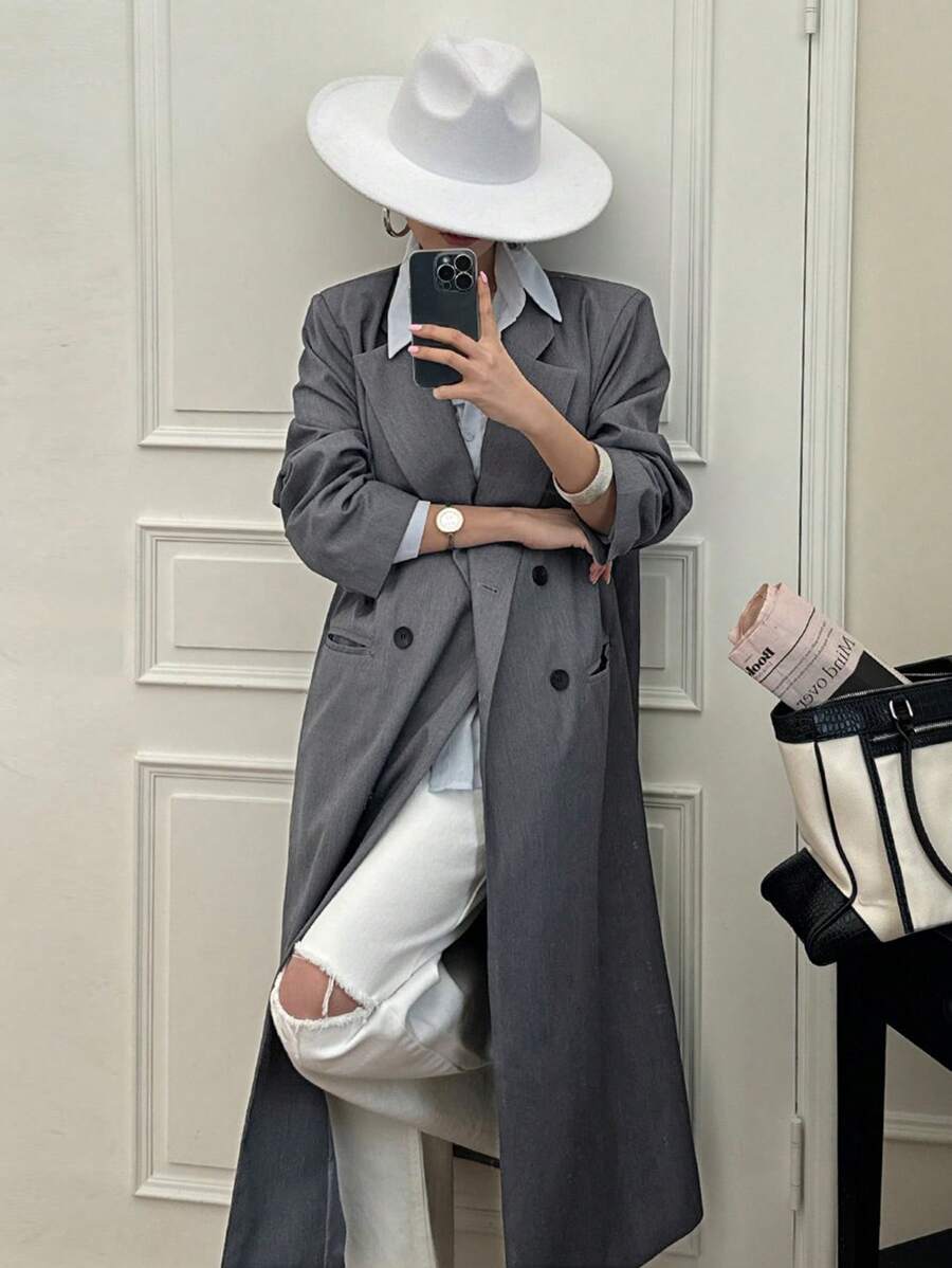 DAZY Women's Solid Color Notched Collar Double Breasted Long Trench Coat,Fall Clothes