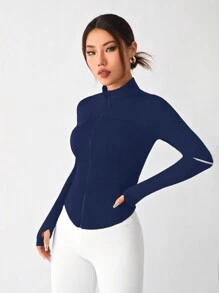 SHEIN Sports 女士拉链前口袋修身运动夹克 - 藏蓝色 - 查看 4