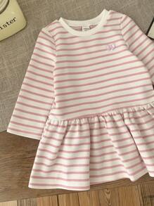 SHEIN LMoss Kids LMoss Baby Girl Babygirl Cute Knit Striped Long Sleeve Dress, Autumn/Winter