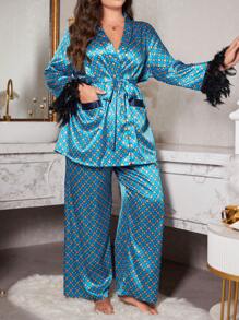 大码几何图案法兰绒睡衣套装