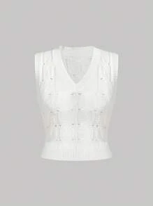 SHEIN MOD Plus Size White Cable Knit Texture Casual Versatile Sweater Vest, Suitable For Work Or Leisure - White - View 1