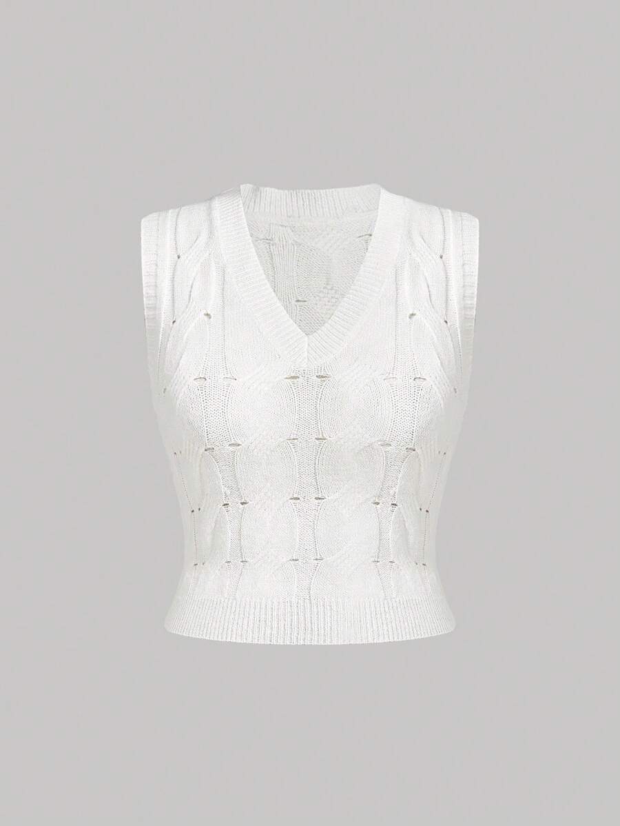 SHEIN MOD Plus Size White Cable Knit Texture Casual Versatile Sweater Vest, Suitable For Work Or Leisure - White - View 1
