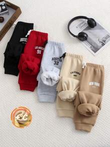 SHEIN 买三送二套装年轻男孩休闲校园风格舒适时尚简约实用可爱图案羊毛加厚保暖裤，适合儿童装返校年轻男孩服装，适合日常穿着、上学、郊游、运动、秋冬季节 - 彩色 - 查看 4