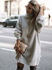 SHEIN Clasi Women's Drop Shoulder Long Sleeve Knitted Sweater Dress - Grey - View 1