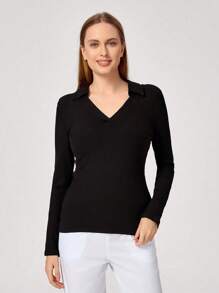 TaskEZ Solid Color Lapel Long Sleeve Nursing Scrub Uniform Top Scrub Top - Black - View 6