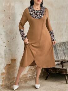 Plus Size Women's Knitted Jacquard Leopard Print Color-Blocking Warm Sweater Dress - Khaki - View 7