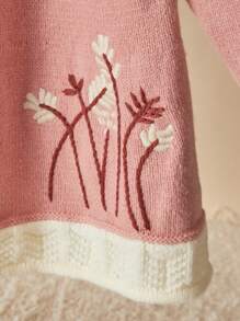 SHEIN Vintaside Kids Baby Girls Pink Loose Ruffled Thick Knit Sweater Dress With Embroidery, Suitable For Home, Casual Or Party Wear, Autumn/Winter
