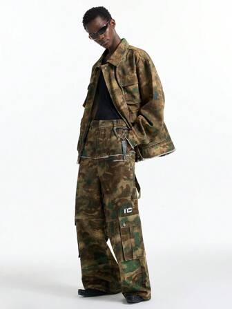 NEON BLANC Jeans cargo personnalisés avec impression de rue, coupe large avec poches, pour hommes