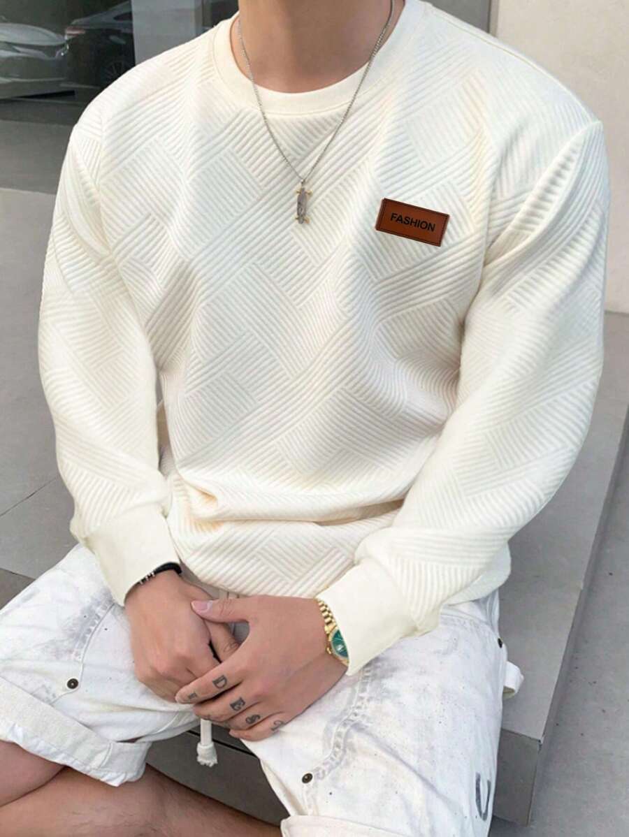 Manfinity Dauomo 大码男式纯色圆领贴片长袖 T 恤 - 杏色 - 查看 1