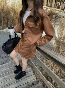 INAWLY 2 件女式仿麂皮纯色保暖内衬长袖夹克和纽扣半襟裙套装，秋冬 - 卡其色 - 查看 4