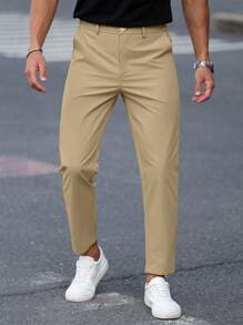 Manfinity Mode 1pc Men's Solid Color Straight Leg Loose Casual Commuter Pants With Pockets, Khaki Dress Pants Men - Khaki - View 8