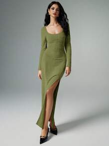 Poéselle 1 件女士休闲简约纹理开衩长裙，秋季 - 綠色 - 查看 3