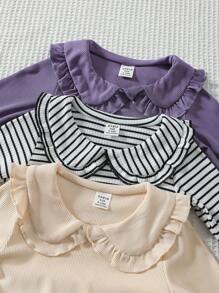 3 件套女婴优雅荷叶边领条纹长袖 T 恤，可爱时尚，适合居家、外出、度假、四季穿着 - 紫色 - 查看 4
