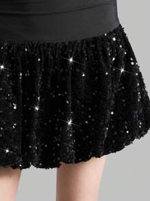 Ontre 女式不对称领长袖亮片花卉荷叶边下摆迷你连衣裙，纯黑色，新年春季时尚