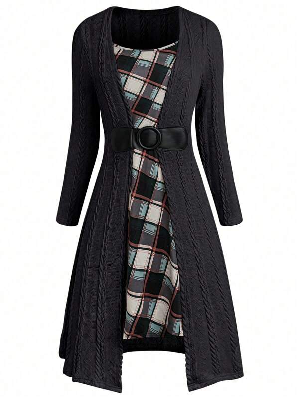 Plus Size Women Plaid Patchwork Long Sleeve Casual 2 In 1 Dress For Autumn Fall Cloth For Women