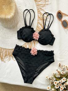 SHEIN Swim 夏日度假沙滩休闲比基尼泳装套装2件碎花镂空波西米亚风钢圈立体碎花比基尼泳装可调节肩带裹身式泳裤 - 黑色 - 查看 1