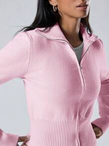 LYSMO Conjunto casual de 2 piezas de mujer compuesto por un cárdigan de manga larga con cremallera de unicolor y pantalones largos de punto, para otoño/invierno