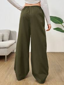 SHEIN Teen Girls Colorblock Star Five-Pointed Star Patch Colorblock Drawstring Pants, Lightweight Windbreaker Casual Street Chic Sporty Versatile Trousers - Army Green - View 2