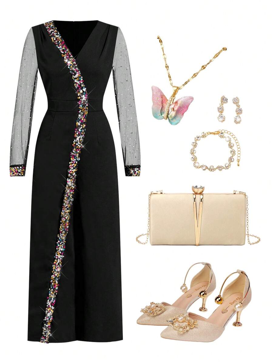 Ellevyn Women's Sequin Mesh Sleeve Christmas Party Dress - Black - View 1