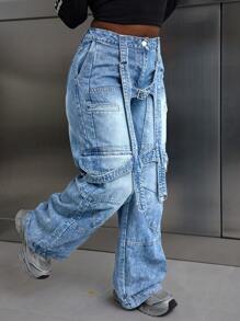 SHEIN Slayr Jeans droits décontractés à coupe ample avec boutons et plusieurs poches de couleur unie pour femmes