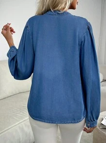 女式前系带长袖简约牛仔上衣，休闲日常穿着 - 藍色 - 查看 2