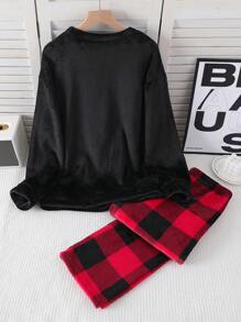 Winter Teen Girls Pajamas Set, Plaid Fleece Pants And Solid Long Sleeve Top, Casual Homewear 2 Pieces Outfit, Sibling/Matching (Sold Separately) - Black - View 2